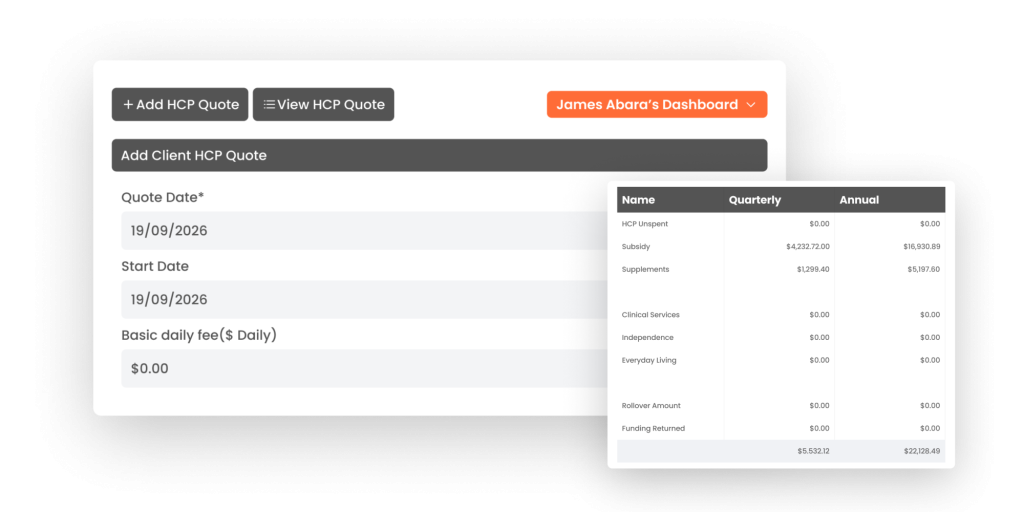Snippet of Nightingale client management software with dashboard accessibility