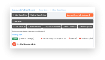Nightingale Client Management Software section with white background and grey tabs showing the platform interface