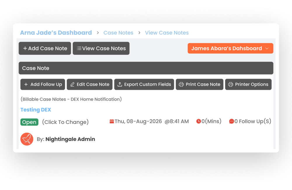Nightingale Client Management Software section with white background and grey tabs showing the platform interface