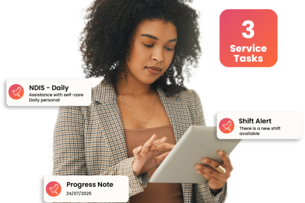 Nightingale software features image of a lady with curly hair and a business jacket on an ipad with pop ups from the software swirling around her